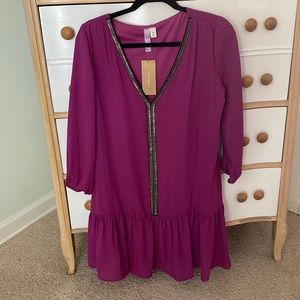 Never worn, with tags! Fuchsia colored dress with silver embellishments.